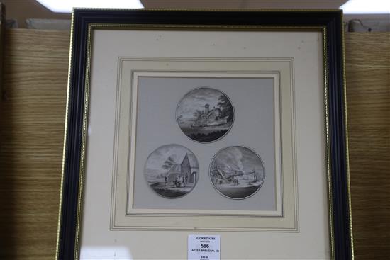 After Breughel, three monochrome watercolours, Figures in landscapes, tondo, largest 7.5cm